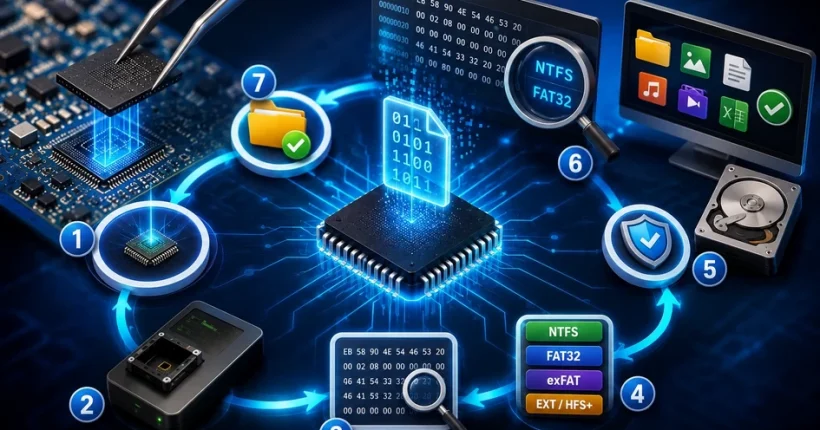 3D workflow illustration showing chip-off extraction, RAW NAND dump reading, hex analysis, file system identification, and professional data recovery process.
