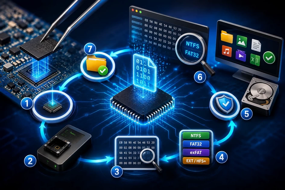 3D workflow illustration showing chip-off extraction, RAW NAND dump reading, hex analysis, file system identification, and professional data recovery process.