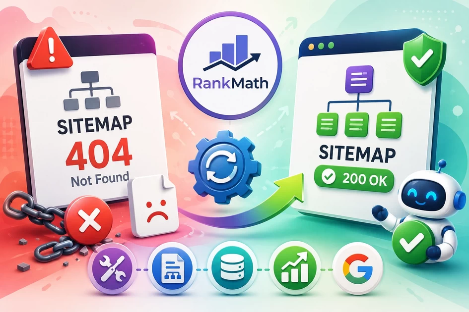 Illustration showing a broken WordPress XML sitemap changing from 404 Not Found to a working sitemap with 200 OK after fixing rewrite rules in Rank Math.