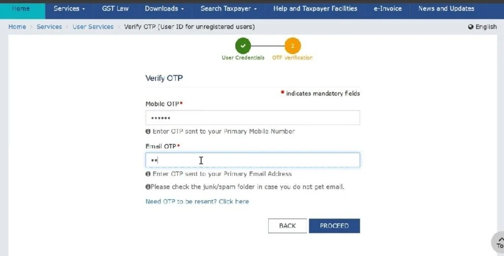 Enter OTP received on mobile number and email ID for verification on GST portal
