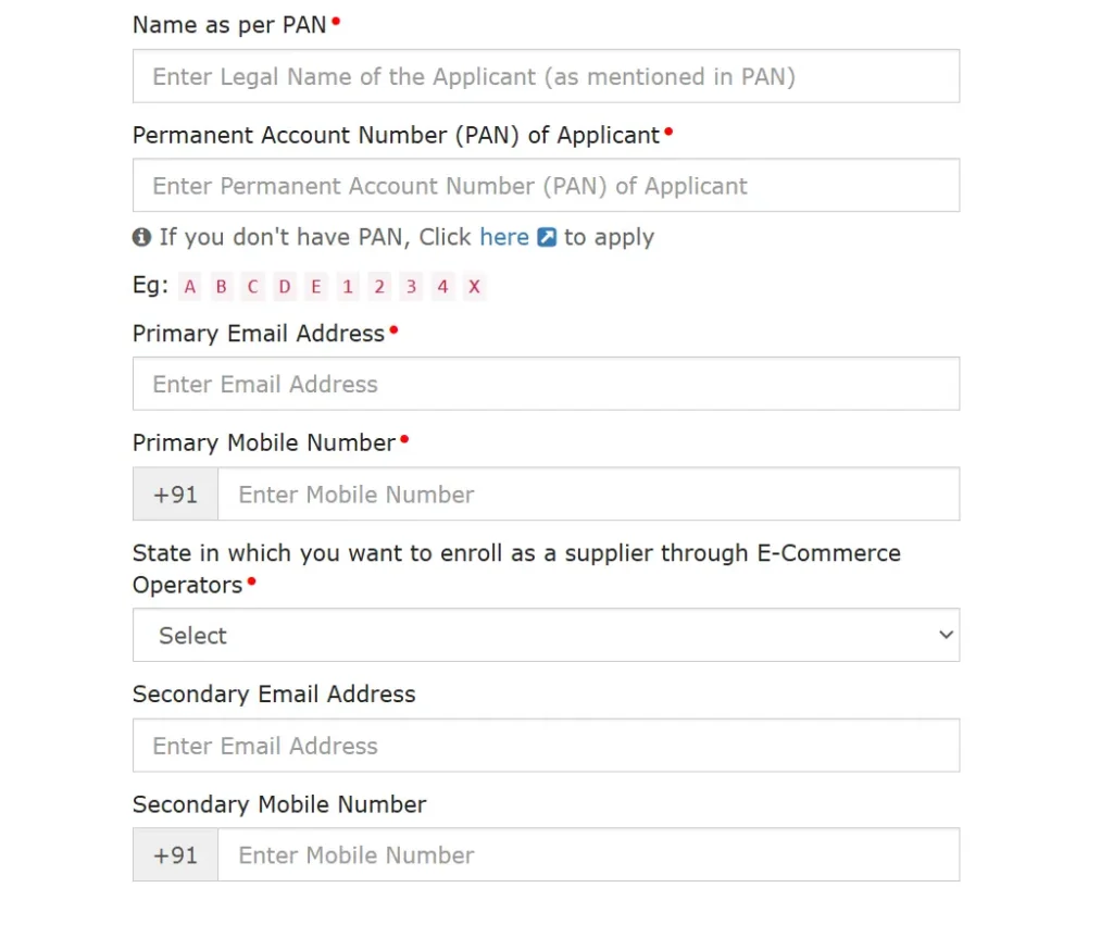 GST portal form showing basic details fields including PAN number, email ID, mobile number