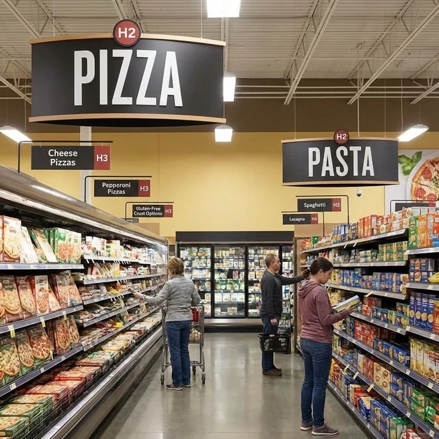 SEO department store analogy: H2 headers as aisles (Pizza, Pasta) with H3 subcategories 
