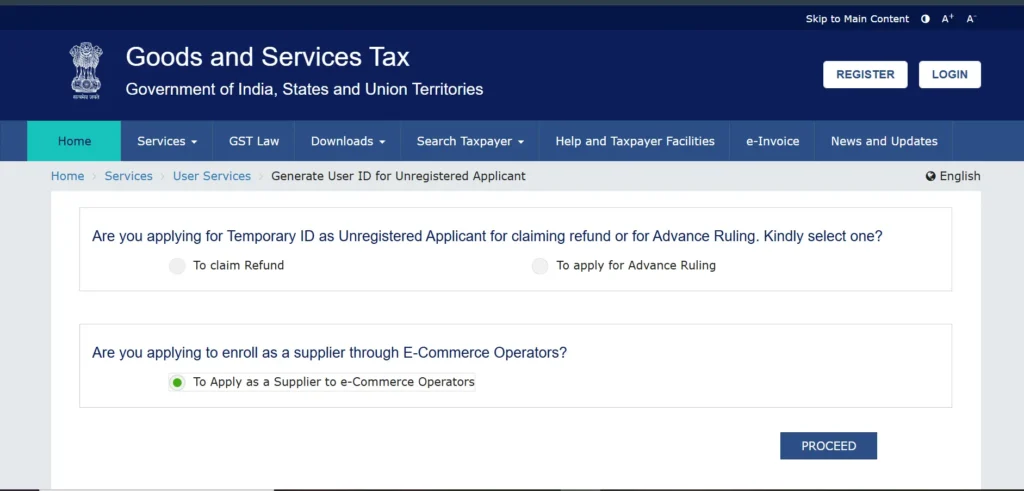 Select applying as a supplier through e-commerce operators option and click Proceed on GST portal