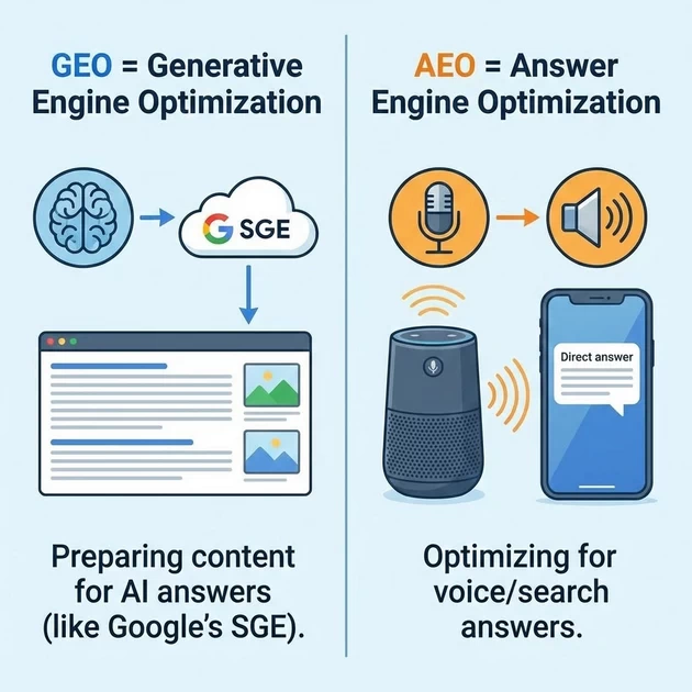 GEO = Generative Engine Optimization — preparing content for AI answers (like Google’s SGE). AEO = Answer Engine Optimization — optimizing for voice/search answers.