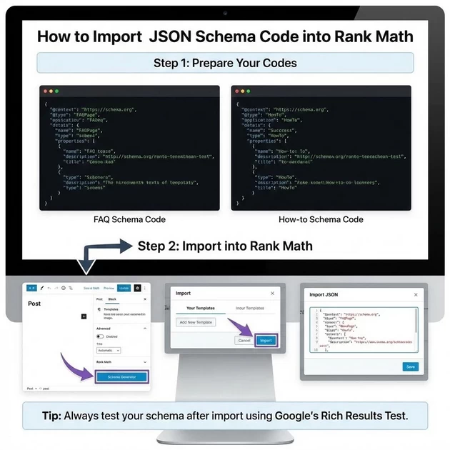 try this way to import json file of FAQ and How to schema in rank math
