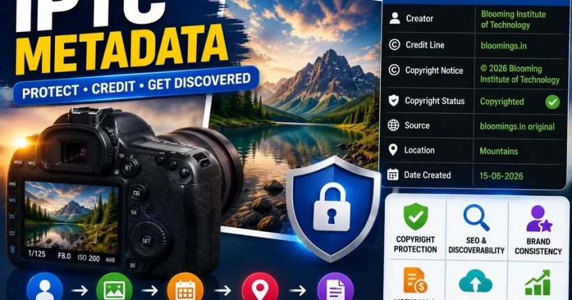 Infographic explaining IPTC metadata, image copyright protection, Adobe Bridge workflow, EXIF tools, and SEO benefits for Google Images.