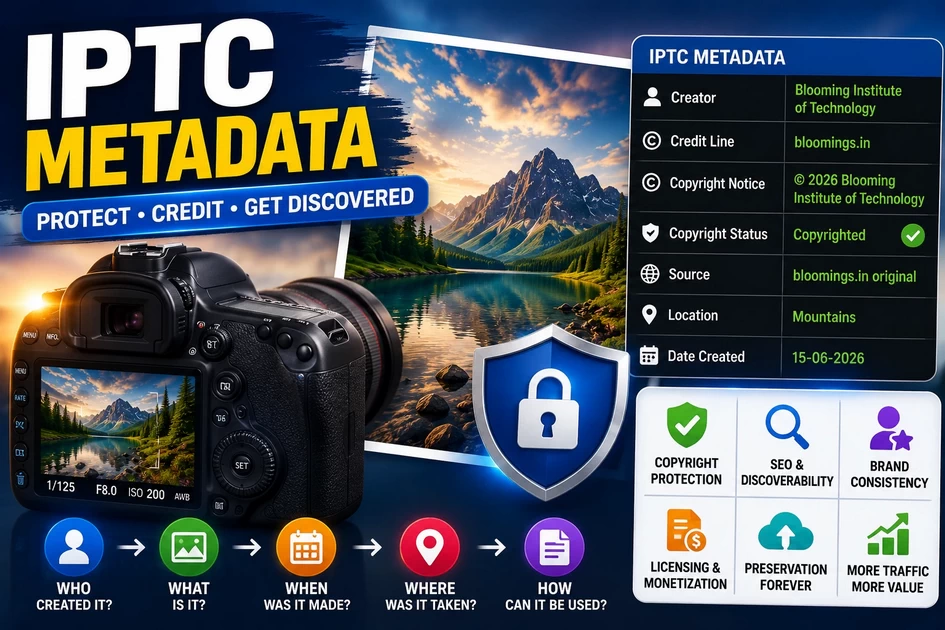 Infographic explaining IPTC metadata, image copyright protection, Adobe Bridge workflow, EXIF tools, and SEO benefits for Google Images.