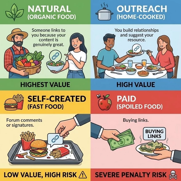 types of backlink organic outreach self created and paid