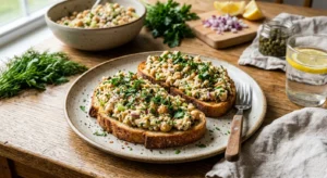 15-minute chickpea tuna salad on sourdough toast with fresh herbs.