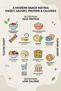 A clean and informative infographic showing different 5-minute snack options categorized into sweet and savory choices, helping users quickly pick healthy snacks based on cravings and nutritional goals.