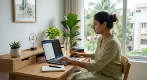 Professional woman working from home on technical SEO and JSON-LD schema markup for small business clients.