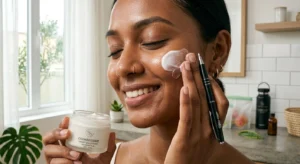 Person applying barrier-repairing moisturizer for winter skin health