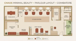 beauty parlour floor plan with reception styling and treatment zones