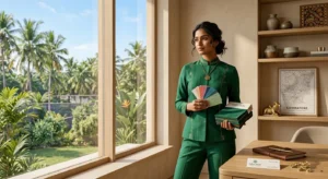 Indian woman wearing emerald green outfit highlighting perfect clothing colors for warm skin tone