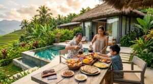 Family enjoying breakfast in a private villa with pool