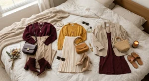 Outfit combinations in maroon mustard and beige for Indian skin tone color styling