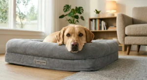 Dog resting on orthopedic pet bed in a modern living room
