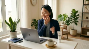 Professional woman applying sunscreen in a bright modern office