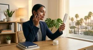 Daily sun protection for professionals applying sunscreen in a modern office