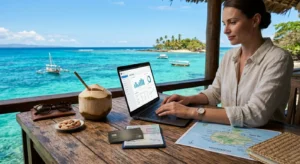 Digital nomad working remotely from a tropical beach location