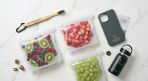 Eco-friendly products including bamboo toothbrush and reusable bags on marble background