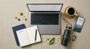Flat lay of laptop, planner, coffee, and smartphone for remote work setup