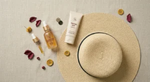 Vitamin C serum, tinted SPF, and hat arranged on neutral background