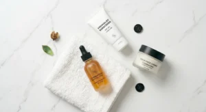 Collection of essential winter skincare products including serum, sunscreen, and face cream