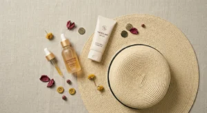 Flat lay of vitamin C serum, SPF cream, and sun hat for skincare routine