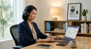 A professional woman wearing noise-cancelling headphones focused on her dual-monitor setup in a bright home office.