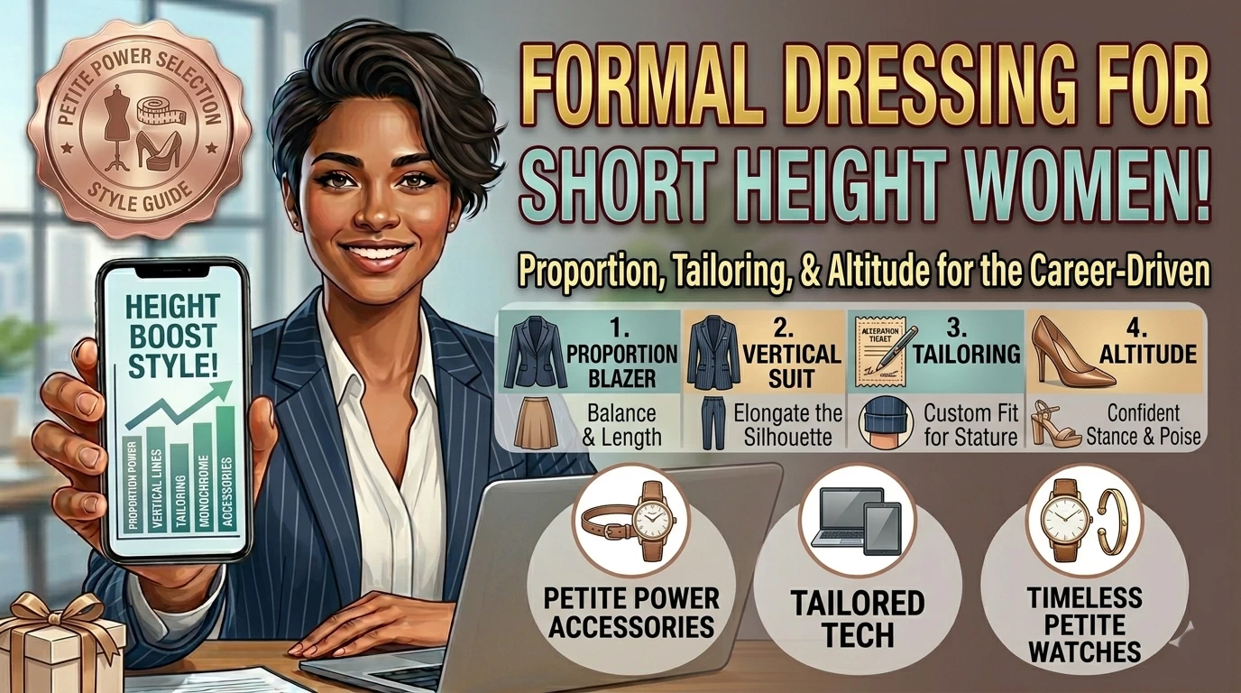 formal dressing ideas for short height women to look taller with well fitted outfits and styling tips