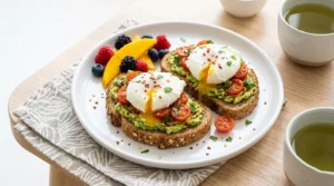 healthy beauty breakfast eggs avocado tomatoes for skin glow