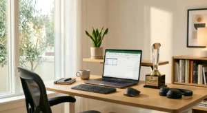 Professional home office setup with a desk, laptop, plant, and top performer trophy