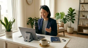 Remote female professional leading a virtual team meeting on a tablet