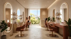 modern beauty parlour design with warm minimalism and luxury interior setup