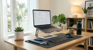 Professional ergonomic home office setup with laptop stand, vertical mouse, and minimalist desk design