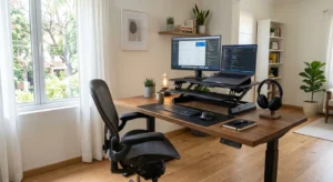 Professional home office setup featuring an ergonomic chair, a standing desk converter, and lush green indoor plants near a large window.
