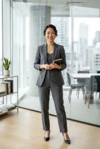 petite woman wearing monochrome formal outfit with high waist trousers to look taller