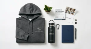 New hire welcome kit with hoodie, notebook, water bottle, and welcome card