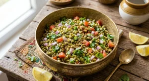 healthy evening snacks indian - sprouted moong dal chaat with lemon