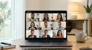 Diverse remote team engaging in a virtual coffee chat on a laptop screen