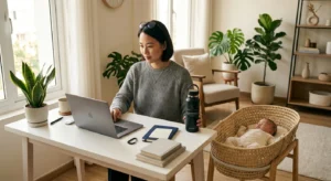 Work from home mom balancing professional tasks and childcare with baby nearby