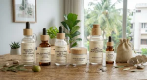 Minimalist organic skincare packaging for a specialized micro-brand focused on skin barrier repair and Polyglutamic Acid.