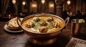 Authentic Indian Malai Kofta with creamy tomato cashew gravy and soft paneer koftas served in a traditional bowl.