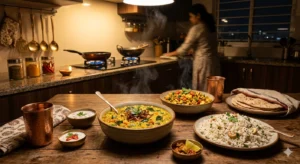 Three healthy Indian vegetarian dinner dishes including khichdi, paneer bhurji, and coconut jeera rice on a dining table.