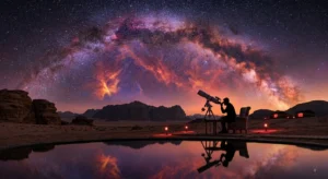 Traveler looking through a telescope in Jordan desert, luxury regenerative travel experience.