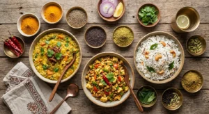 Top view of Indian vegetarian dinner recipes with spices, rice, paneer, and lentils arranged on a wooden table.