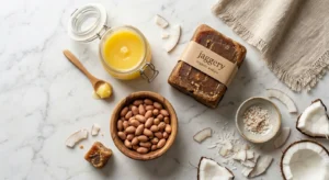 Natural wellness ingredients including clarified ghee, jaggery, peanuts, and coconut arranged on a marble background.