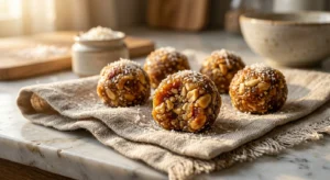 Four-ingredient homemade snack bites made with ghee, jaggery, peanuts, and coconut for a natural glowing skin diet.
