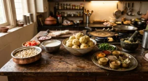 Ingredients and preparation process for homemade Indian Malai Kofta with paneer, cashews, spices, and creamy gravy.